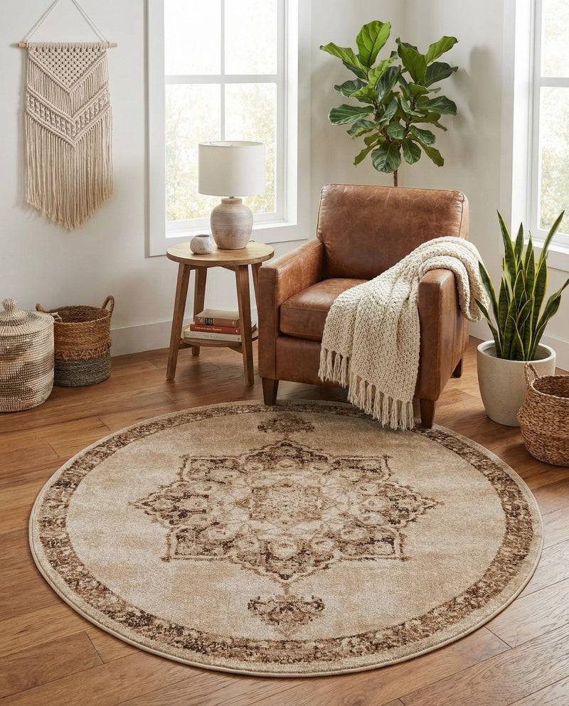 Eden Oasis Collection Area Rug -  Tranquility (Beige) Round Beige  lifestyle 48