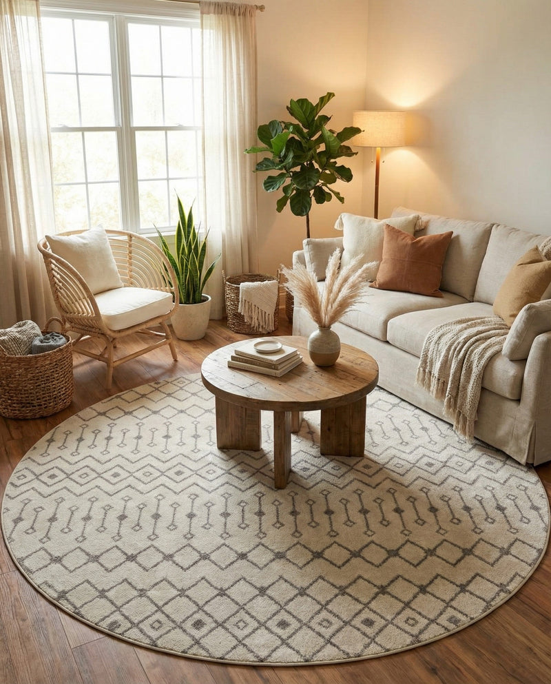 Mediterranean Lattice Collection Area Rug - Santorini (Ivory and Gray) Round Ivory and Gray  lifestyle 41
