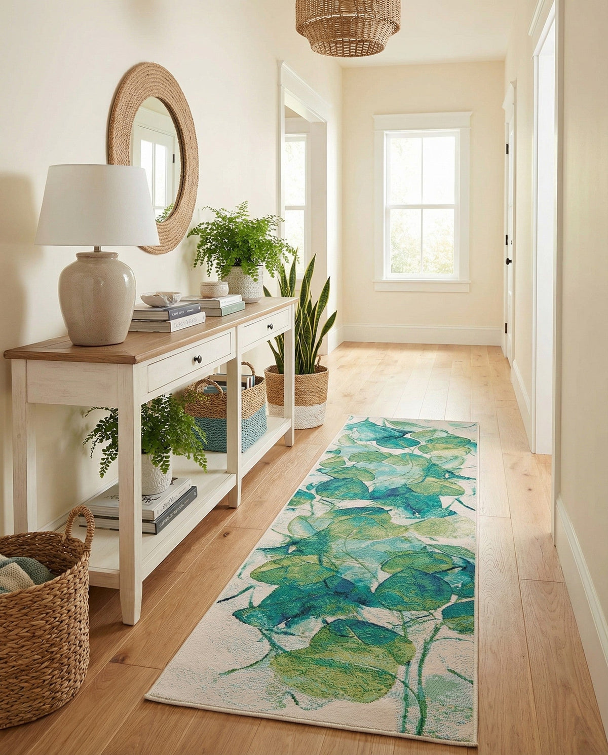 Seaside Blooms Collection Area Rug -  Flora Runner Blue Green  lifestyle 86