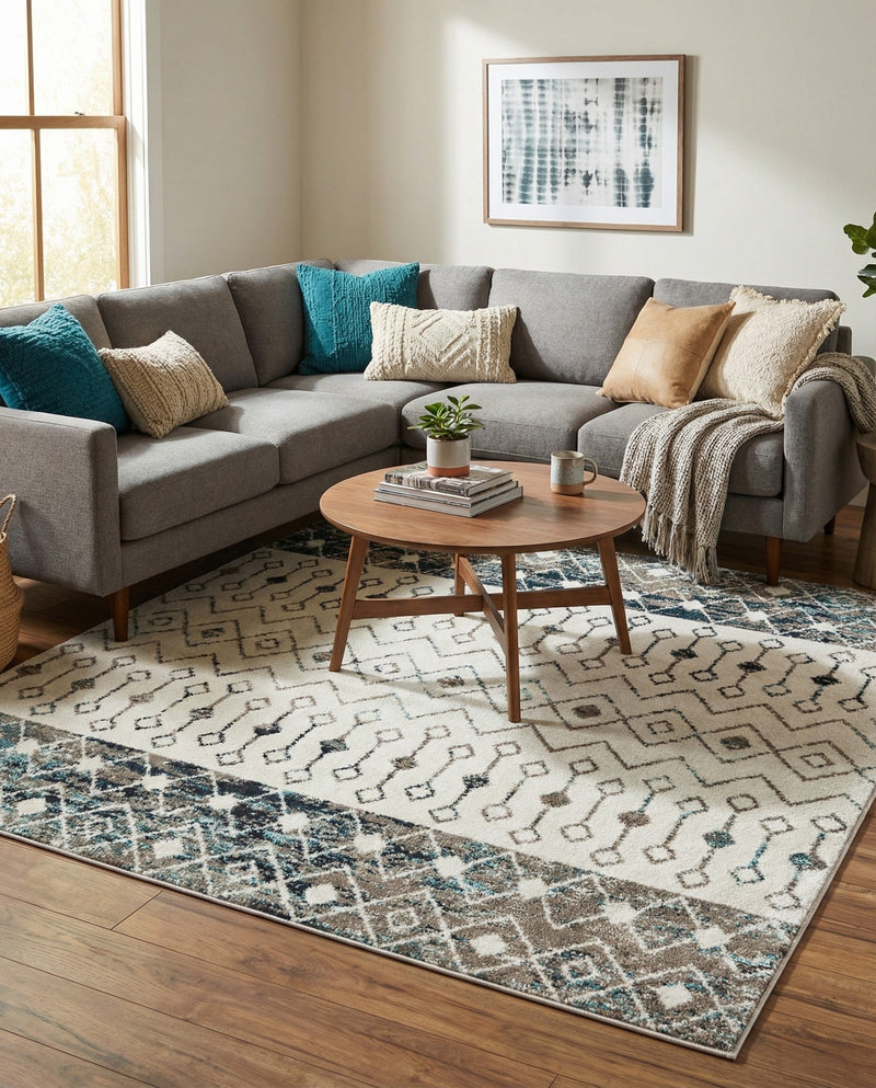 Mediterranean Lattice Collection Area Rug -  Casablanca (Ivory Gray Blue) Square Ivory Gray Blue  lifestyle 72