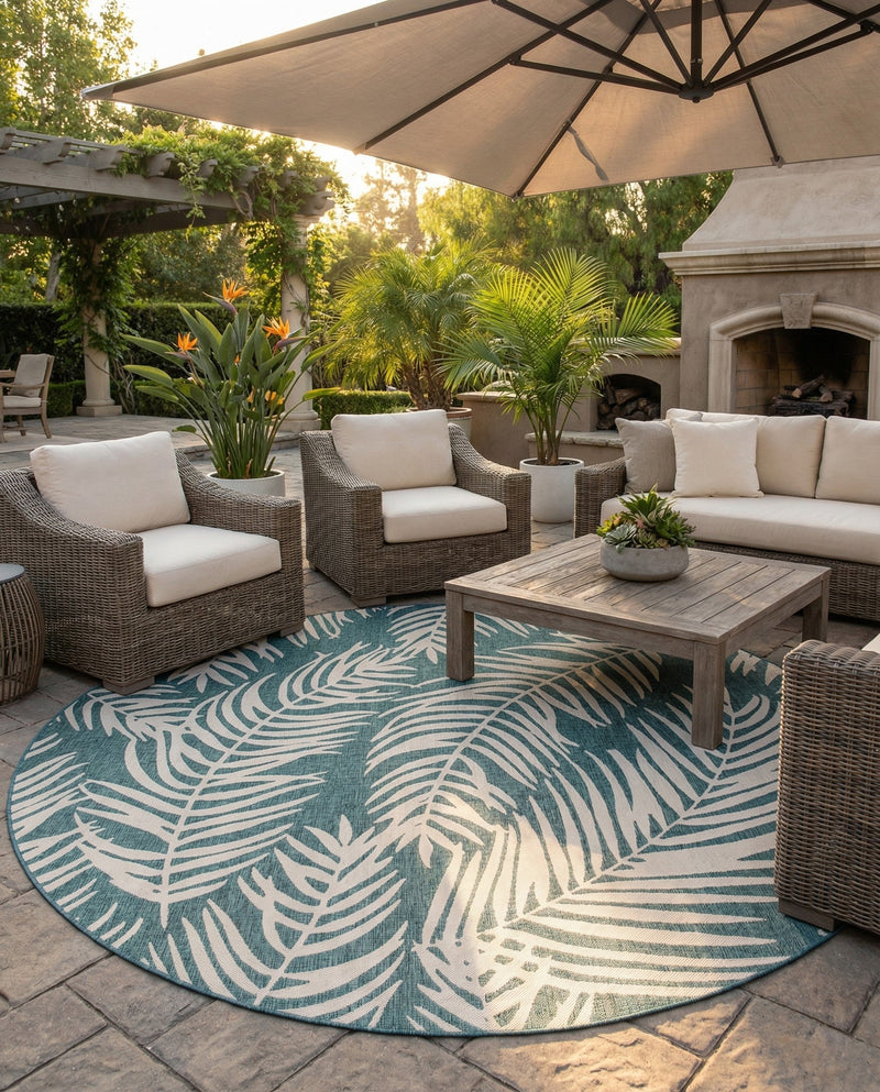 Seaside Blooms Collection Area Rug - Verdure (Teal) Round Teal  lifestyle 75