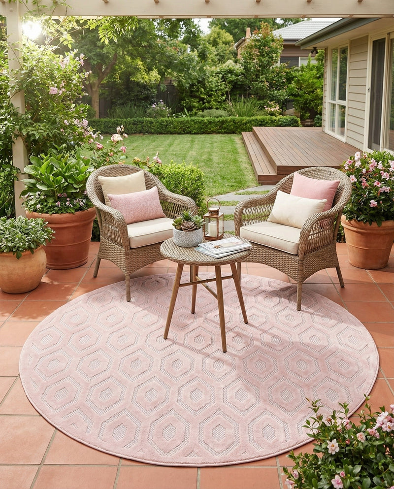 Garden Lattice Charm Collection Area Rug - Arbor (Pink) Round Pink  lifestyle 51