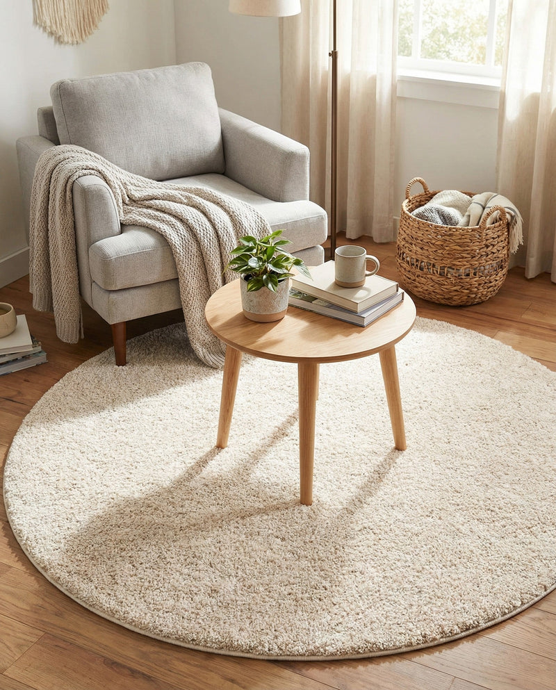 Solid Shag Seaside Collection Area Rug - Azure Cove (Ivory) Round Ivory  lifestyle 50