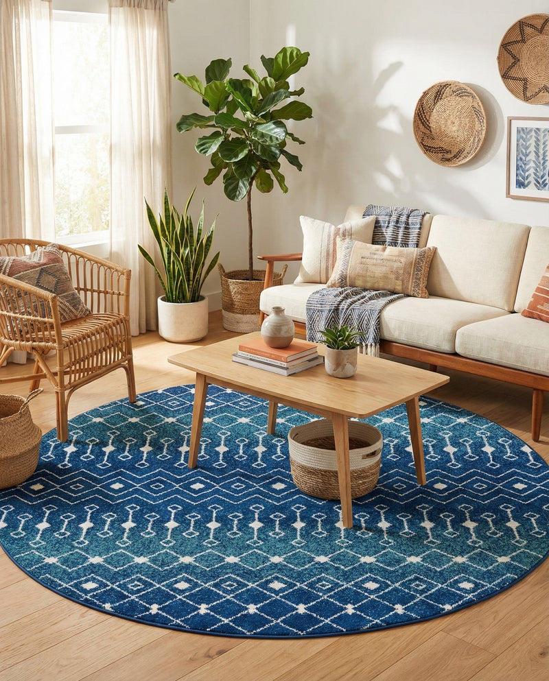 Mediterranean Lattice Collection Area Rug - Santorini (Navy and Teal) Round Navy and Teal  lifestyle 60