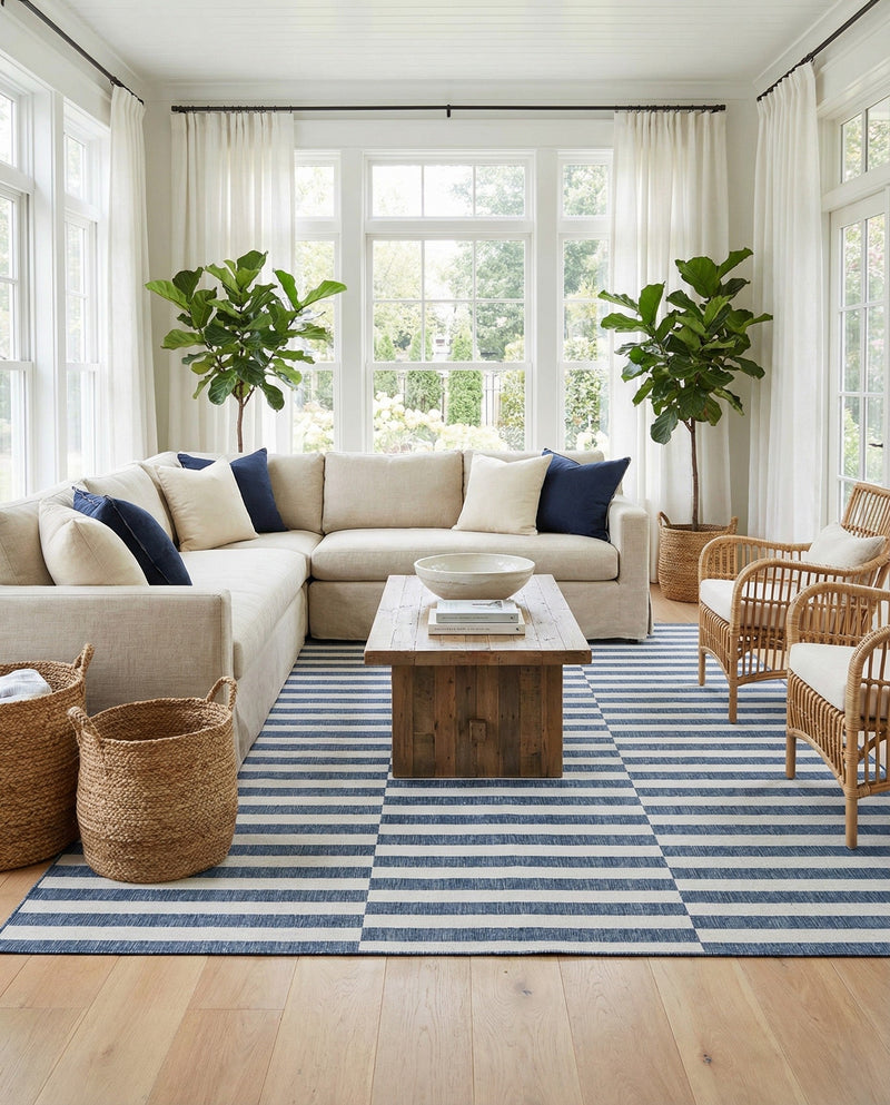 Seaside Stripes Collection Area Rug - Cabana (Blue) Rectangle Blue  lifestyle 5