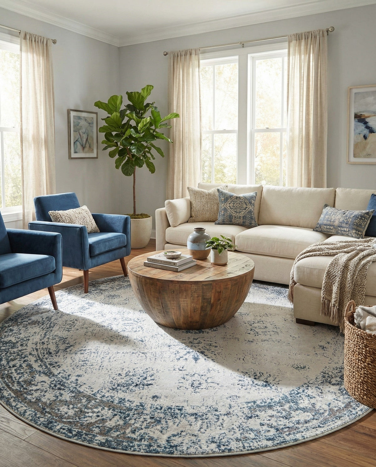 Riviera Elegance Collection Area Rug - Antibes (Light Blue) Round Light Blue  lifestyle 94