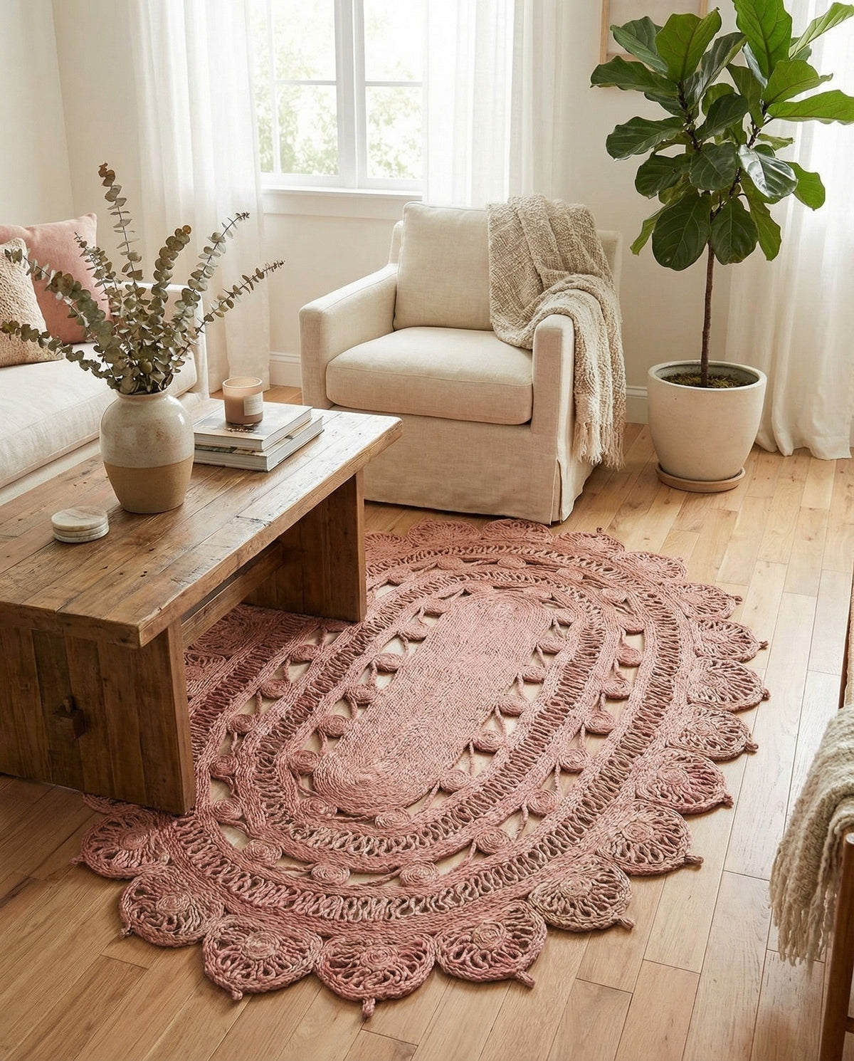 Woven Seaside Jute Collection Area Rug - Coastalhaven (Pink) Oval Pink  lifestyle 17
