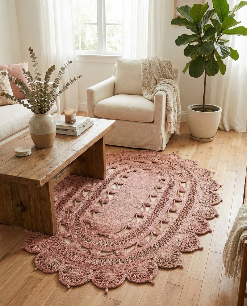 Woven Seaside Jute Collection Area Rug - Coastalhaven (Pink) Oval Pink  lifestyle 17