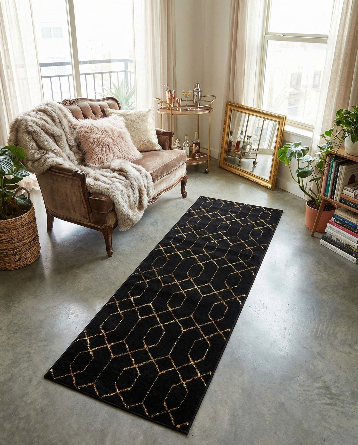 Hollywood Luxe Collection Area Rug - Sunset Runner Black and Gold  lifestyle 224