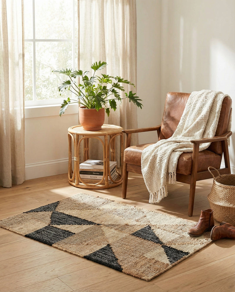Benares Handwoven Jute Collection Area Rug -  Sarnath Rectangle Beige and Black  lifestyle 4