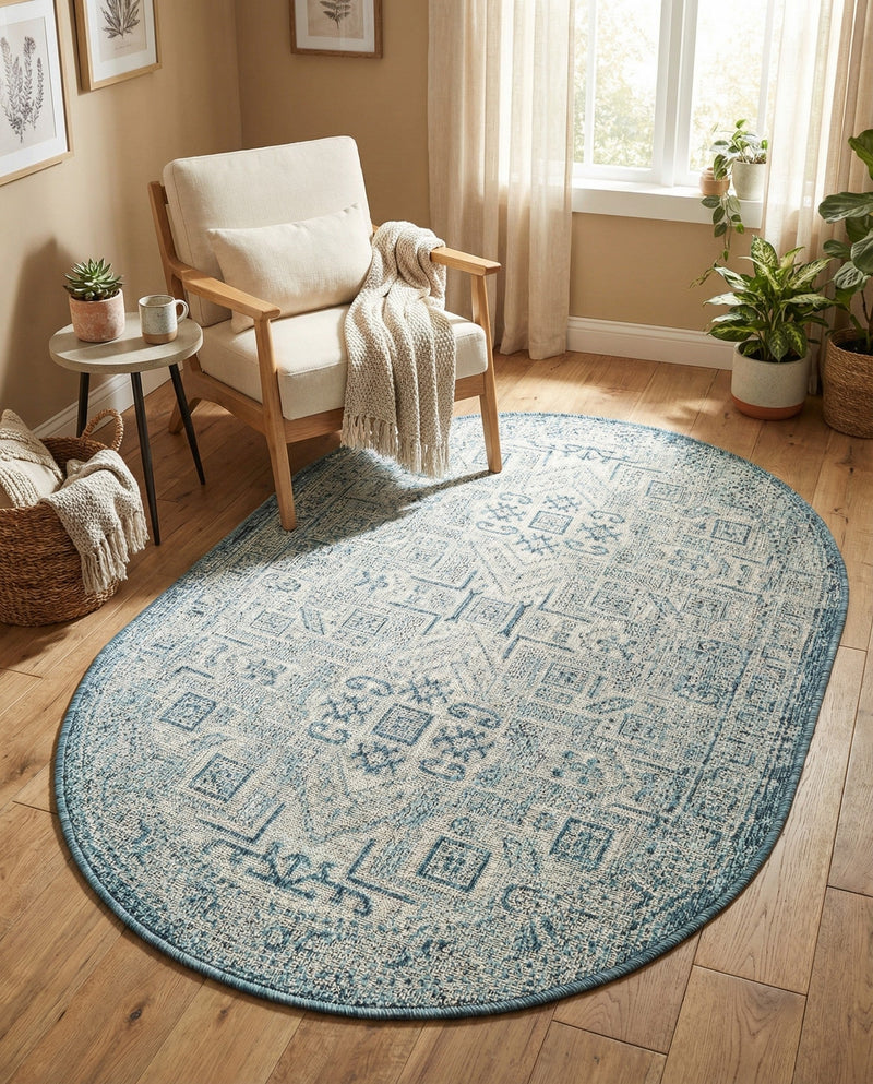 Tribal Terrace Treasures Collection Area Rug - Mayan Marina (Teal) Oval Teal  lifestyle 29