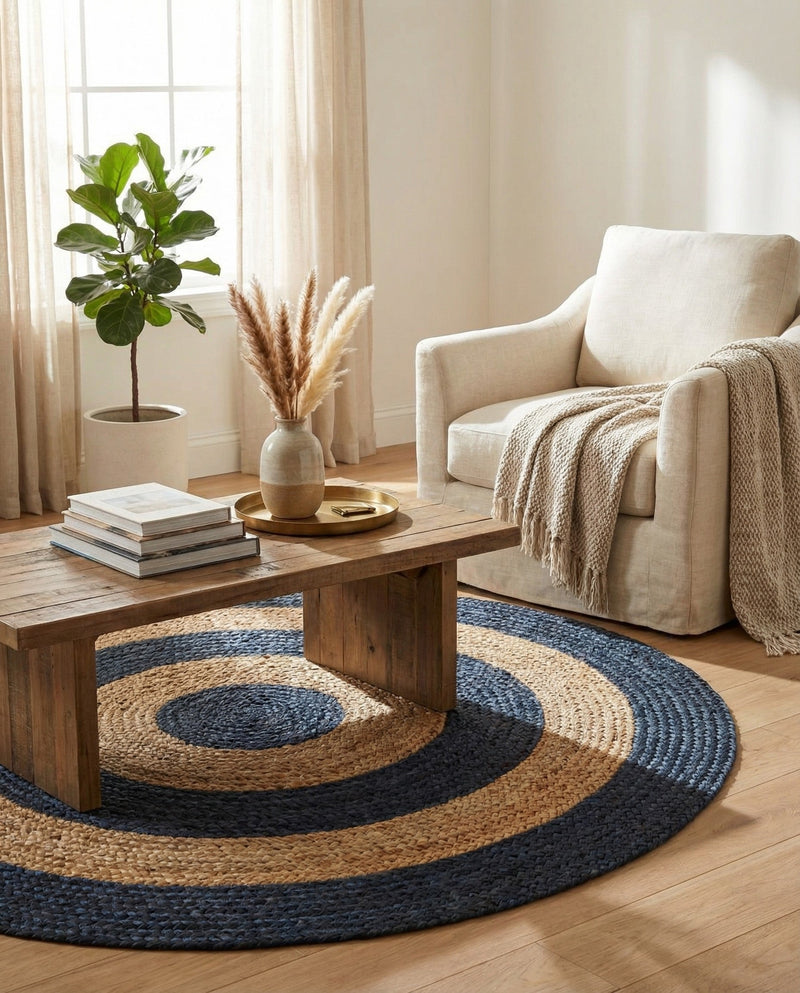 Woven Seaside Jute Collection Area Rug - Nautilus Round Navy Blue Natural  lifestyle 24