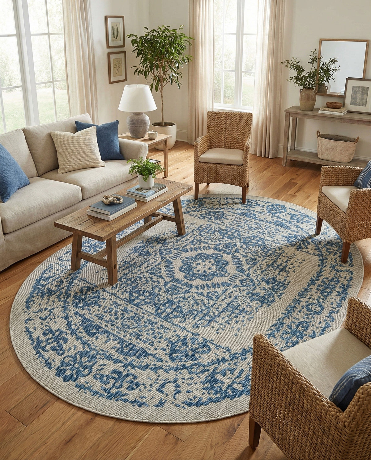 Patio Heritage Collection Area Rug - Savannah (Blue) Oval Blue  lifestyle 99