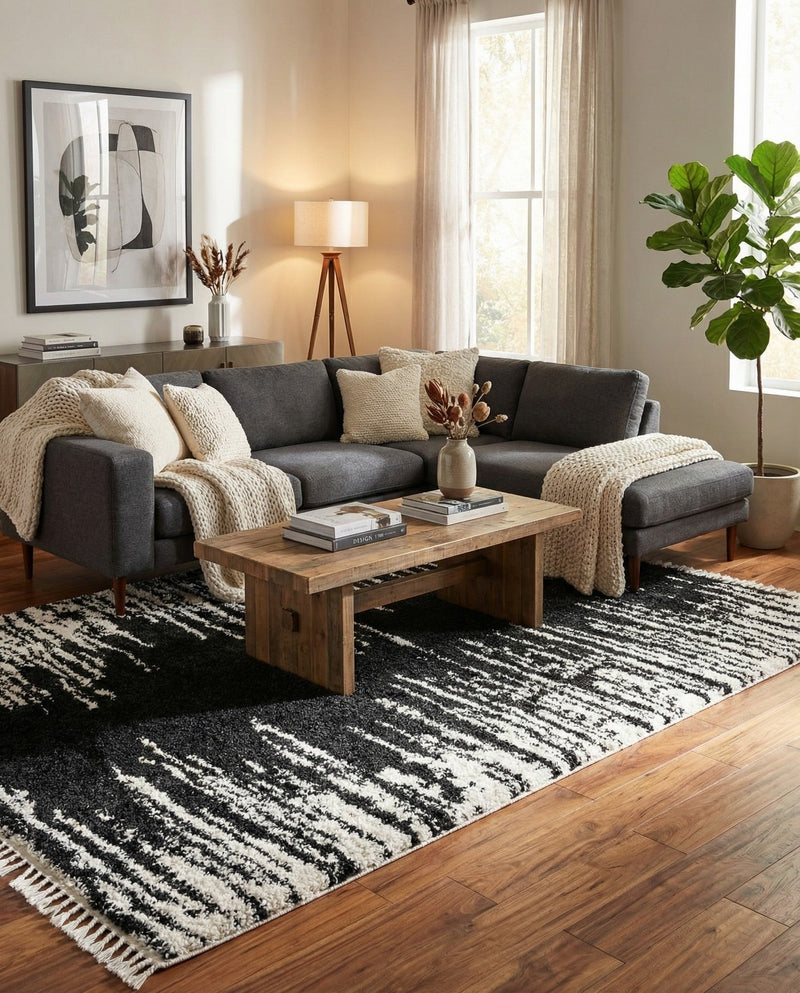 Tranquil Tides Shag Collection Area Rug - Marina Rectangle Black and White  lifestyle 26