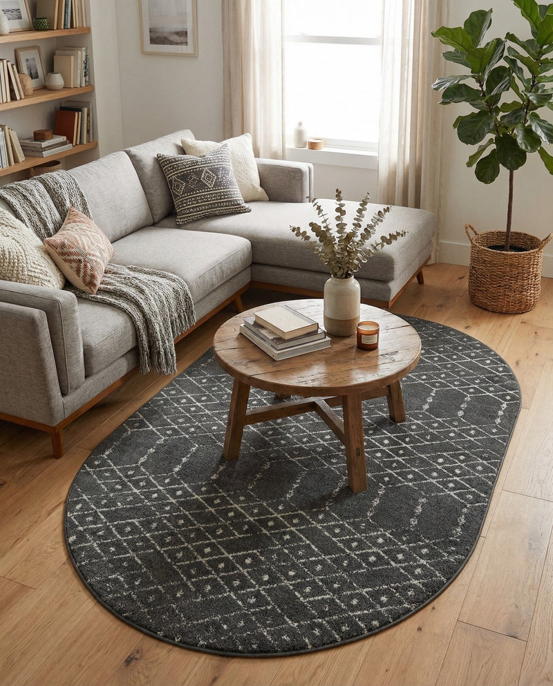Marrakesh Lattice Collection Area Rug - Casablanca (Charcoal Gray) Oval Charcoal Gray  lifestyle 63