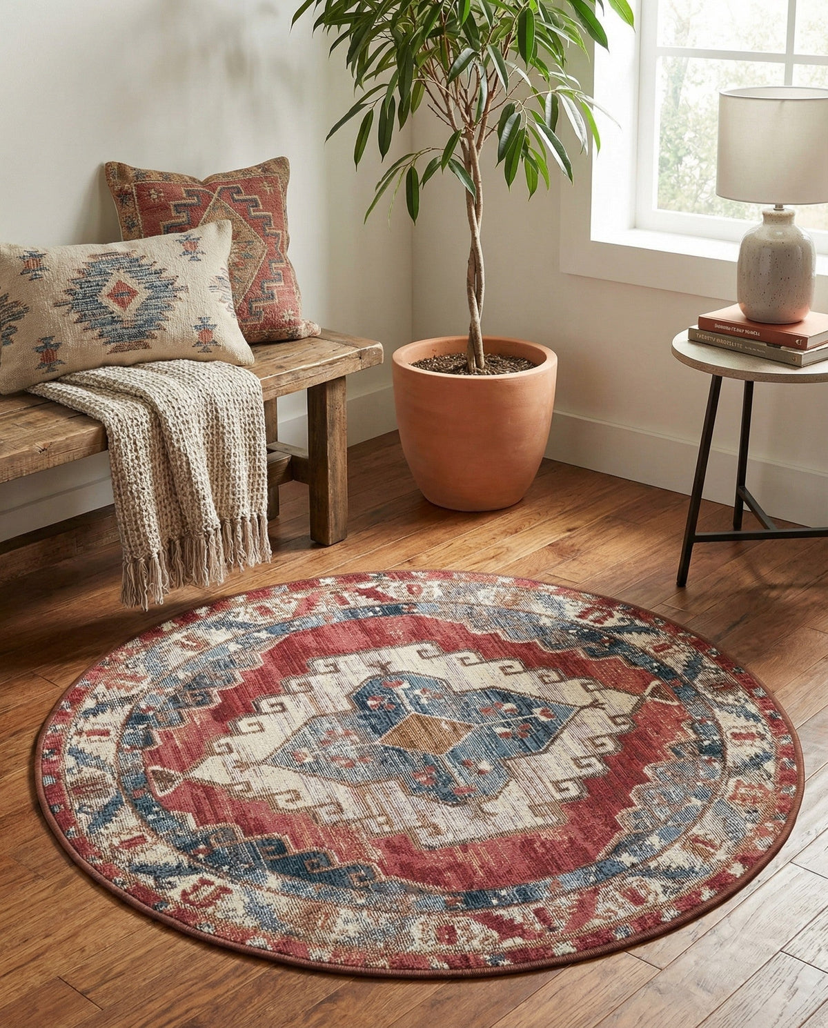 Patio Heritage Collection Area Rug -  Alcove Round Red and Navy Blue  lifestyle 87