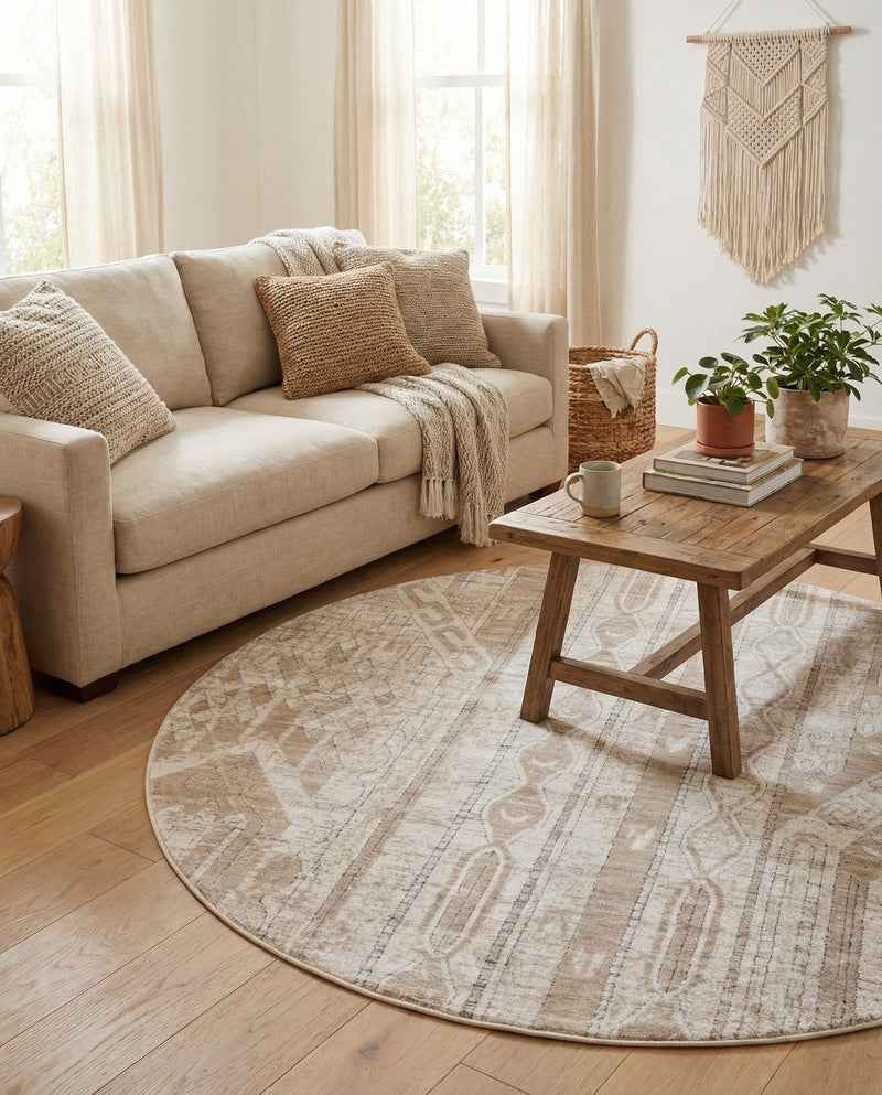 Cascade Range Collection Area Rug - Hood (Ivory) Round Ivory  lifestyle 71