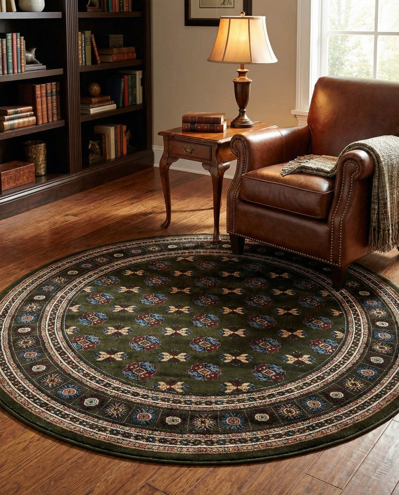 Samarkand Elegance Collection Area Rug -  Margilan (Dark Green) Round Dark Green  lifestyle 66
