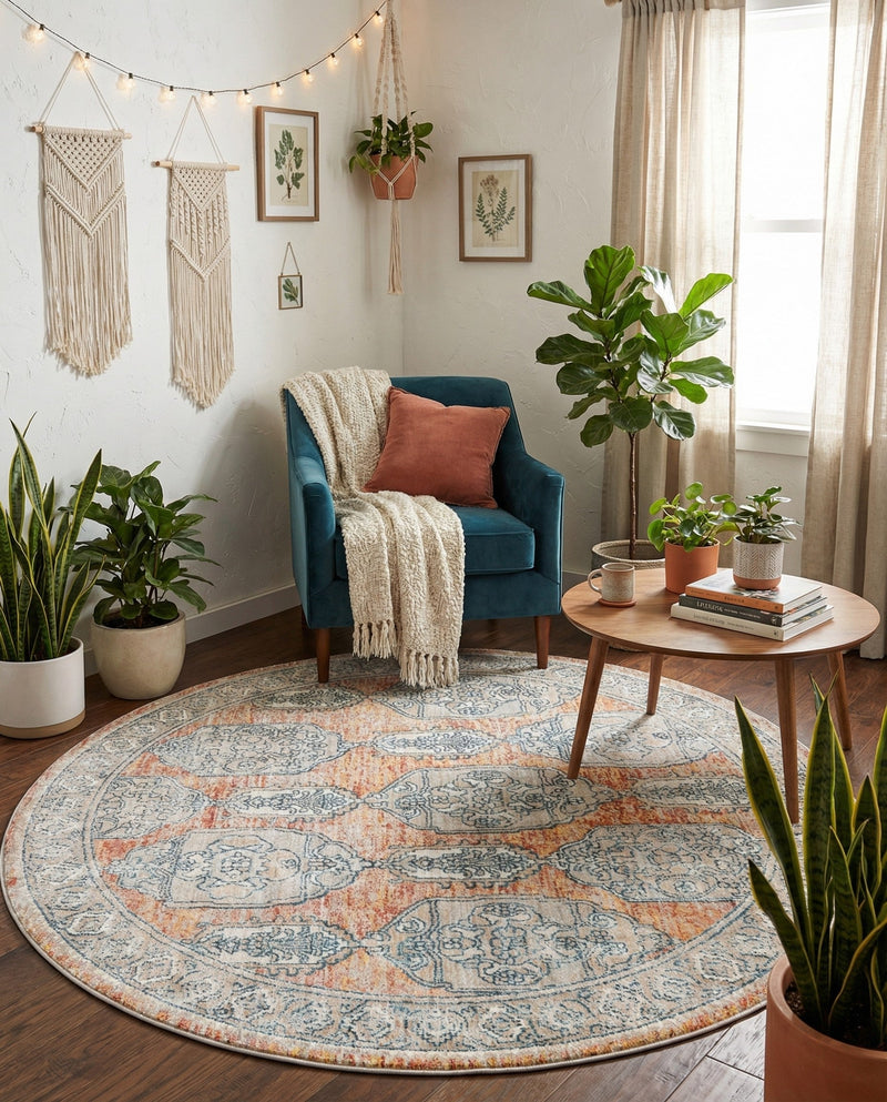 Seville Stripes Collection Area Rug -  Granada (Brick Red) Round Brick Red  lifestyle 62