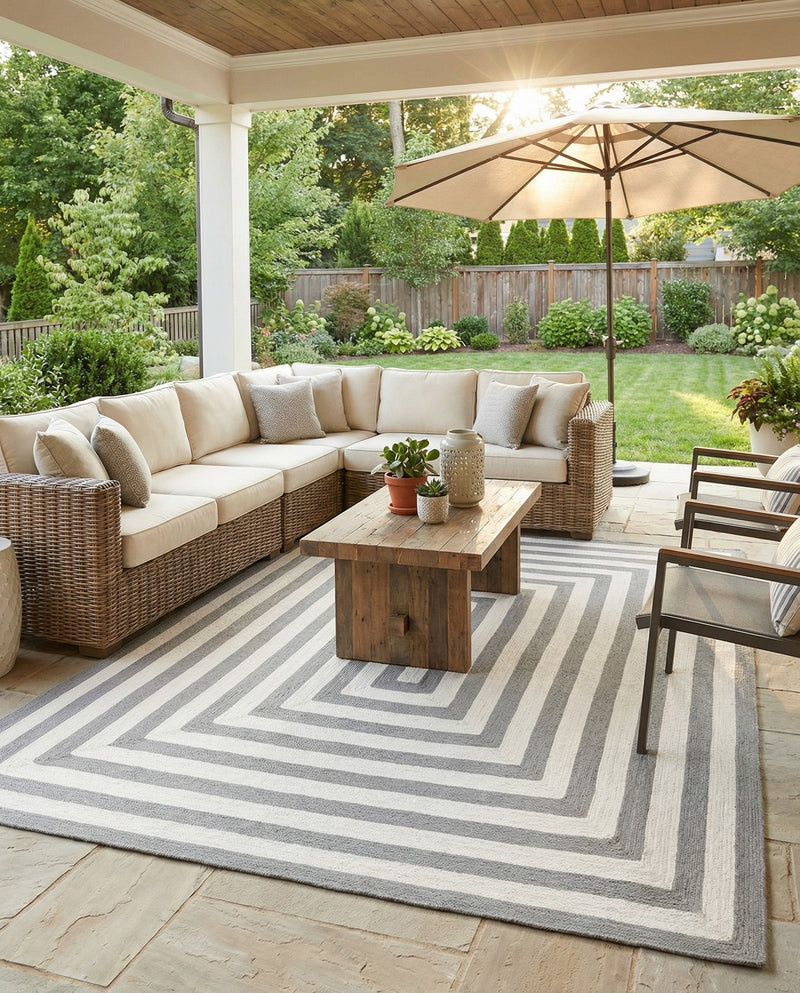 Sustainable Strands Indoor-Outdoor Oasis Collection Area Rug - Harborview Rectangle Gray and White  lifestyle 43