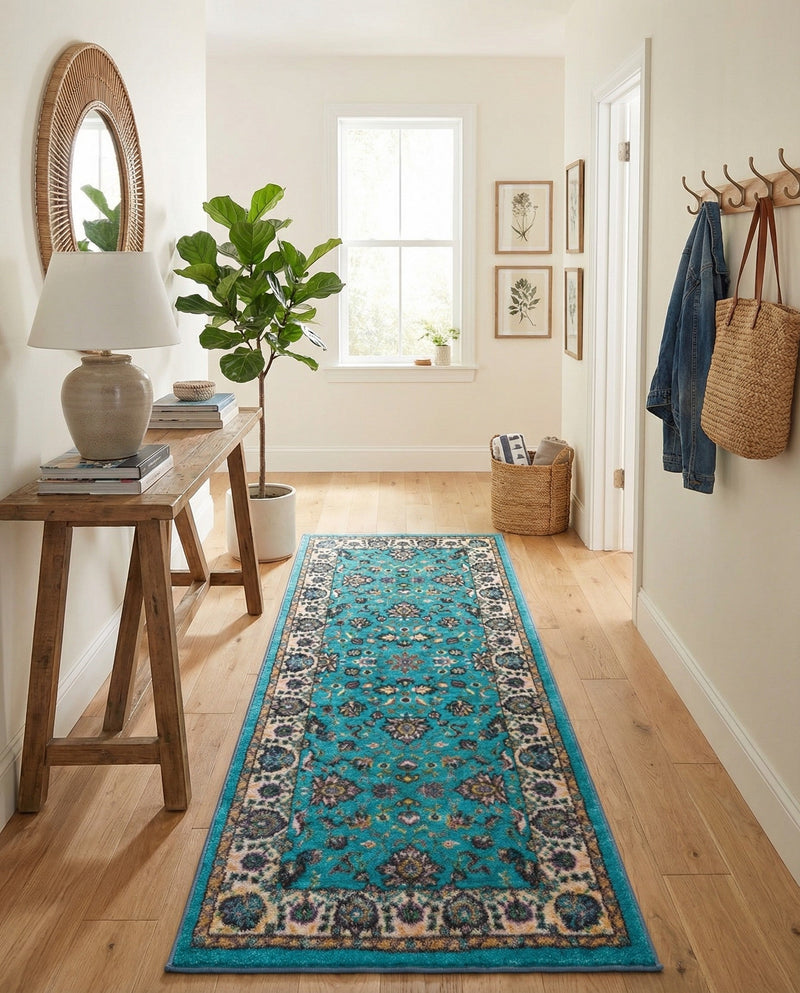 Casablanca Tapestry Collection Area Rug -  Marrakech (Arctic Aqua Blue) Runner Arctic Aqua Blue  lifestyle 34