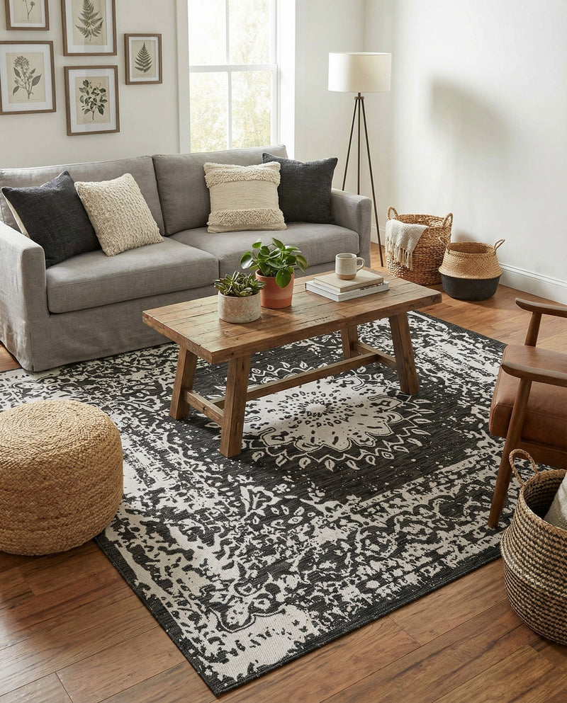 Patio Heritage Collection Area Rug -  Lafayette (Black and White) Square Black and White  lifestyle 73