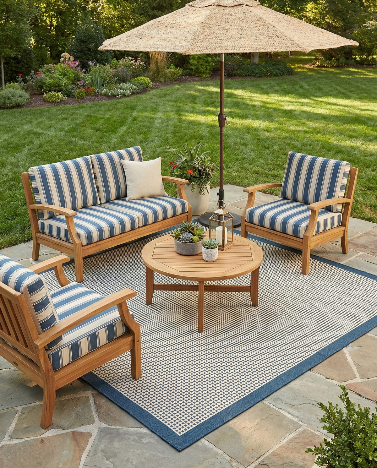 Terrace Fringe Collection Area Rug - Oceanside Square Navy Blue  lifestyle 178