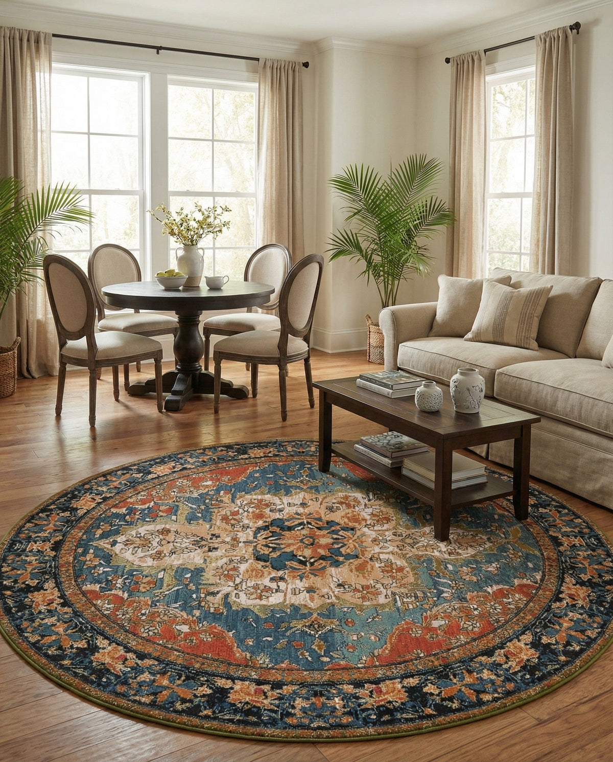 Patio Heritage Collection Area Rug -  Grove Round Navy Blue and Rust Red  lifestyle 86