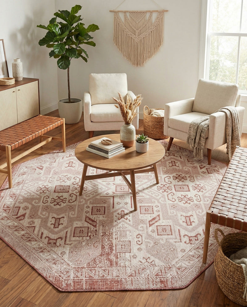 Tribal Terrace Treasures Collection Area Rug - Mayan Marina (Rust Red) Octagon Rust Red  lifestyle 80