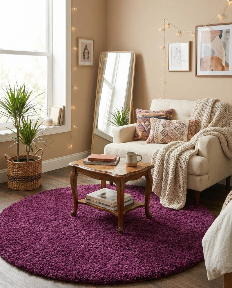 Plush Oasis Collection Area Rug - Serenity (Eggplant Purple) Round Eggplant Purple  lifestyle 45