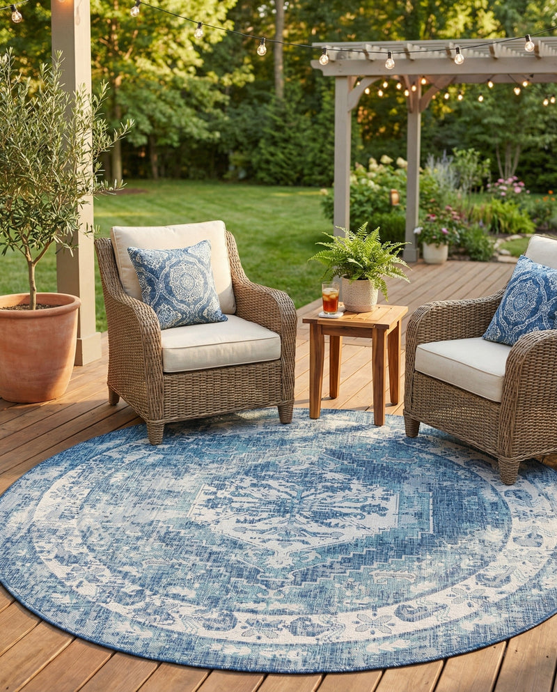 Patio Heritage Collection Area Rug -  Augusta (Blue) Round Blue  lifestyle 58