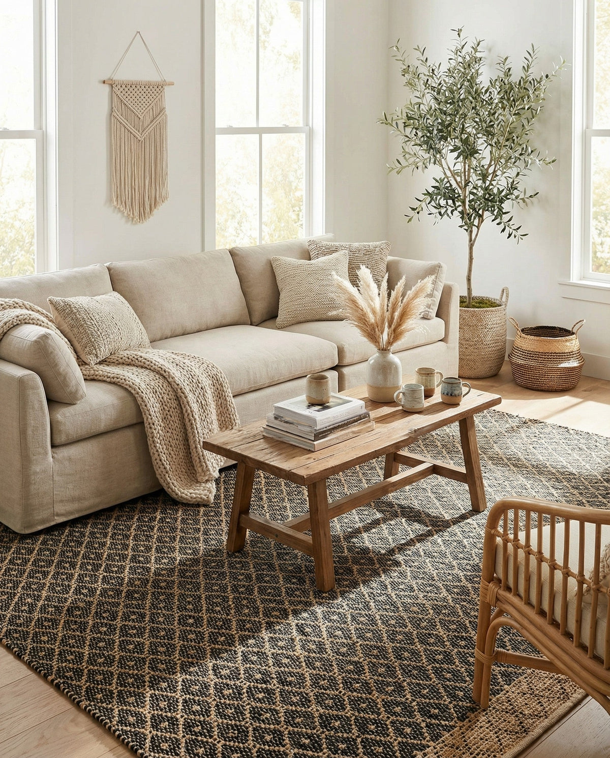 Tulum Trellis Collection Area Rug - Shoreline Square Black  lifestyle 138