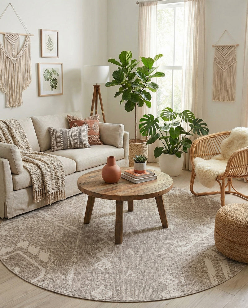 Desert Nomad Terrace Collection Area Rug - Sahara (Gray) Round Gray  lifestyle 74