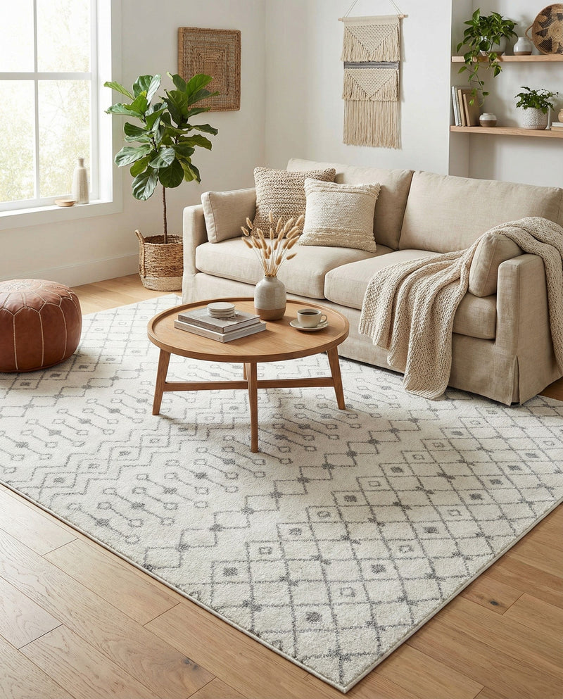 Mediterranean Lattice Collection Area Rug - Santorini (Ivory and Gray) Rectangle Ivory and Gray  lifestyle 9