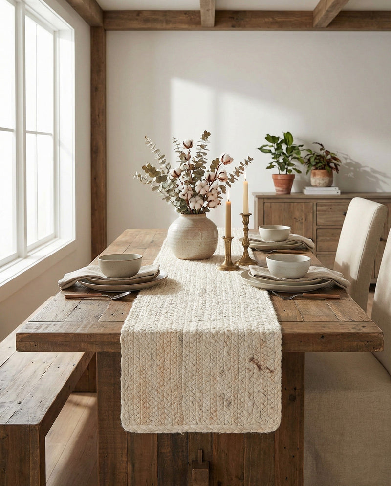 Woven Seaside Jute Collection Area Rug - Savannah (White) Table Runner White  lifestyle 51