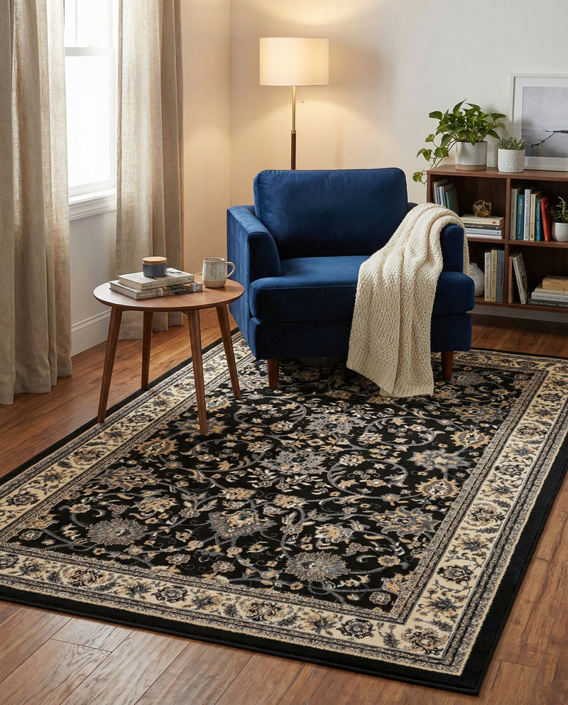 Isfahan Elegance Collection Area Rug - Naghsh-e Jahan (Black) Rectangle Black  lifestyle 32
