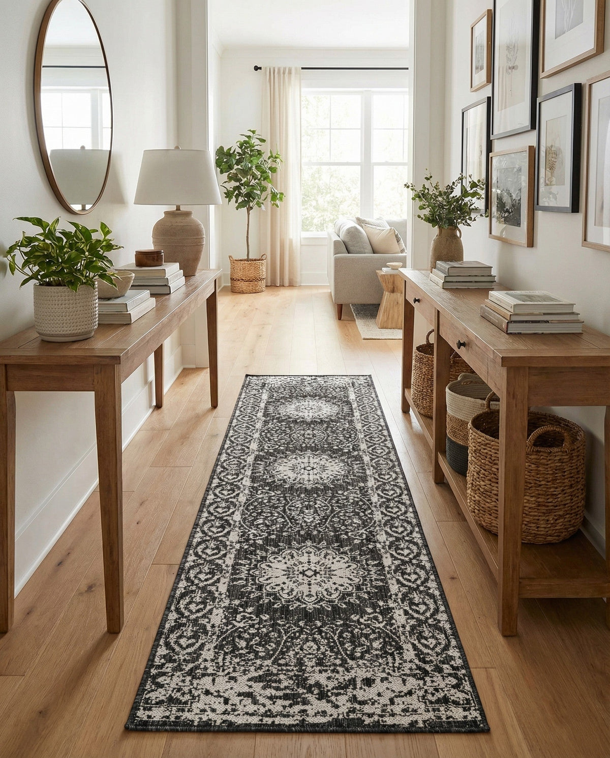 Patio Heritage Collection Area Rug -  Lafayette (Black and White) Runner Black and White  lifestyle 72