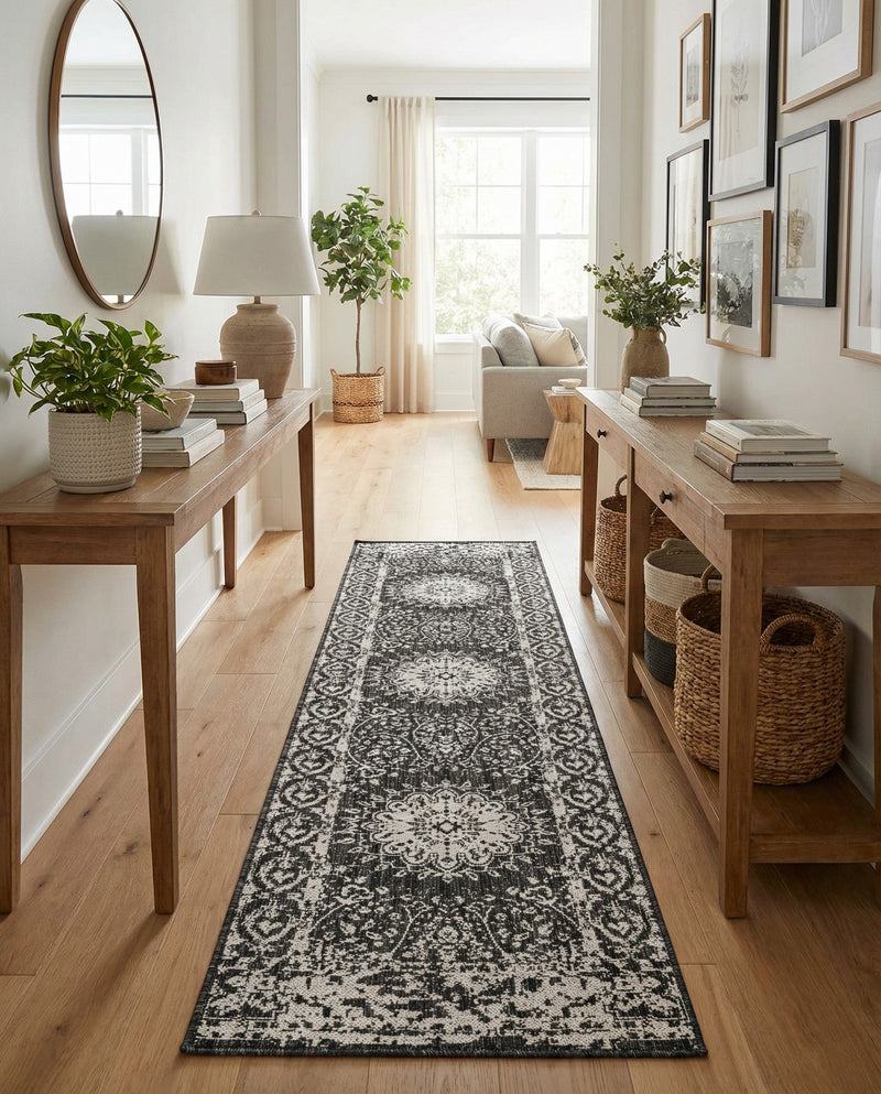 Patio Heritage Collection Area Rug -  Lafayette (Black and White) Runner Black and White  lifestyle 72