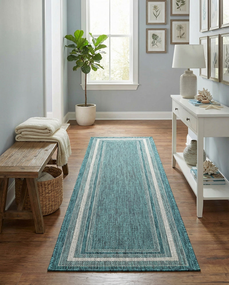Terrace Fringe Collection Area Rug - Veranda (Teal) Runner Teal  lifestyle 53