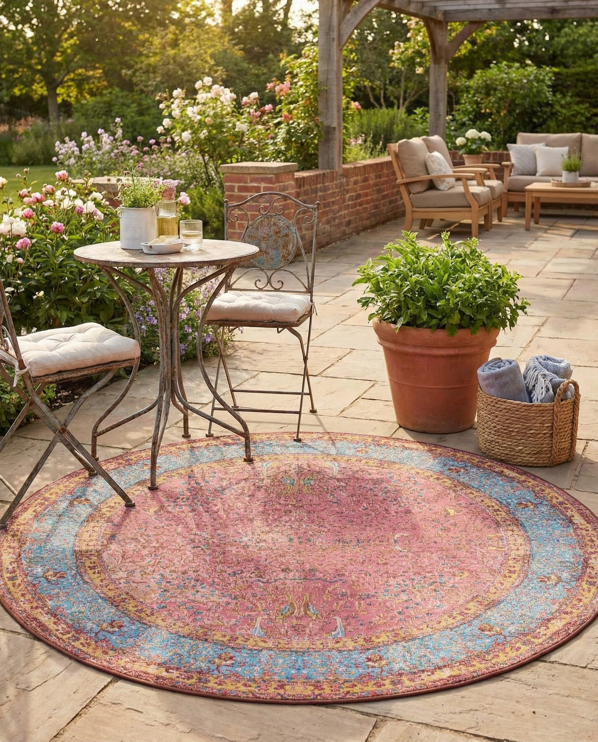 Patio Heritage Collection Area Rug -  Serenity Round Vintage Salmon Coral  lifestyle 83
