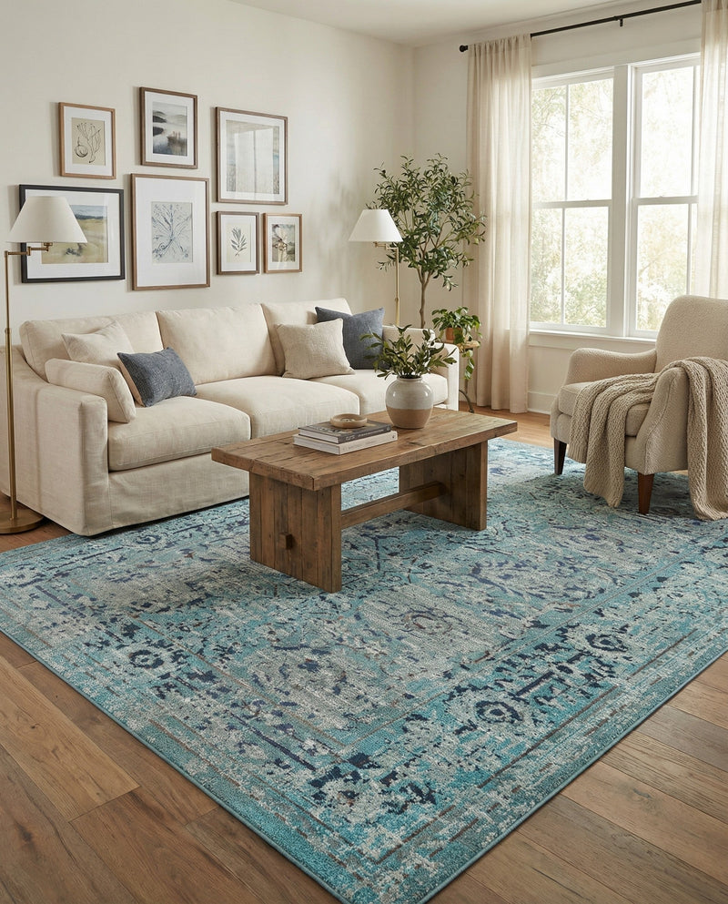 Chateau Elegance Collection Area Rug -  Louvre Rectangle Light Blue  lifestyle 57