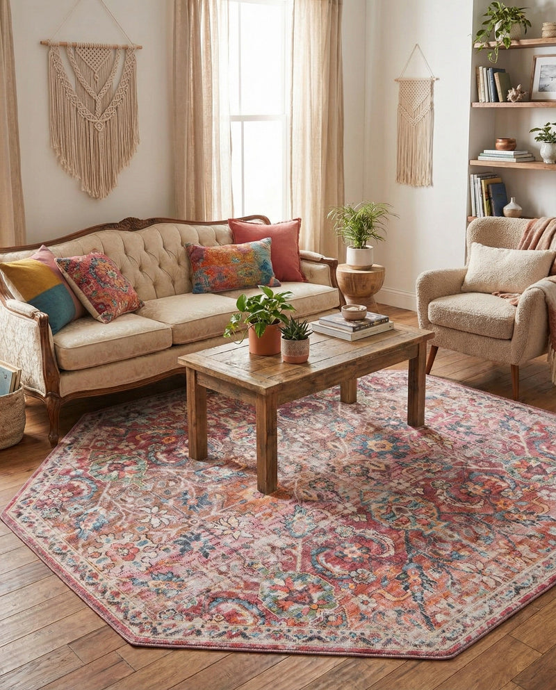 Vintage Memories Collection Area Rug -  Flashback Octagon Ivory and Pink  lifestyle 54