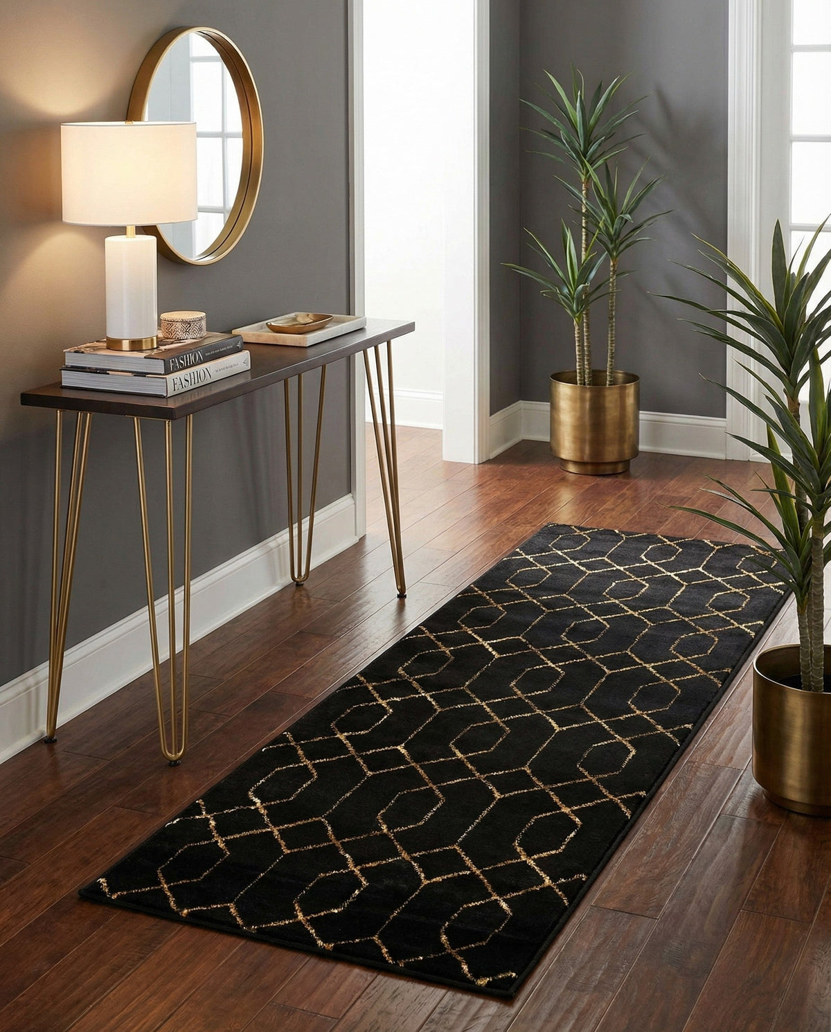 Hollywood Luxe Collection Area Rug - Sunset Runner Black and Gold  lifestyle 225