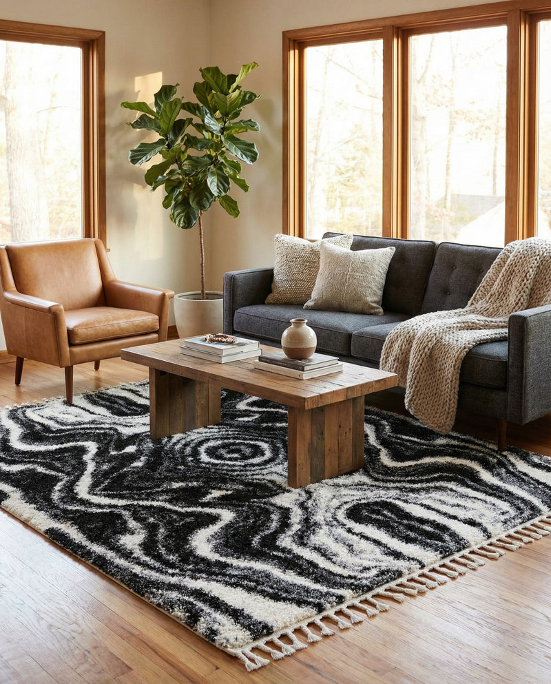 Cozy Cove Shag Collection Area Rug -  Seabreeze Rectangle Black and White  lifestyle 34