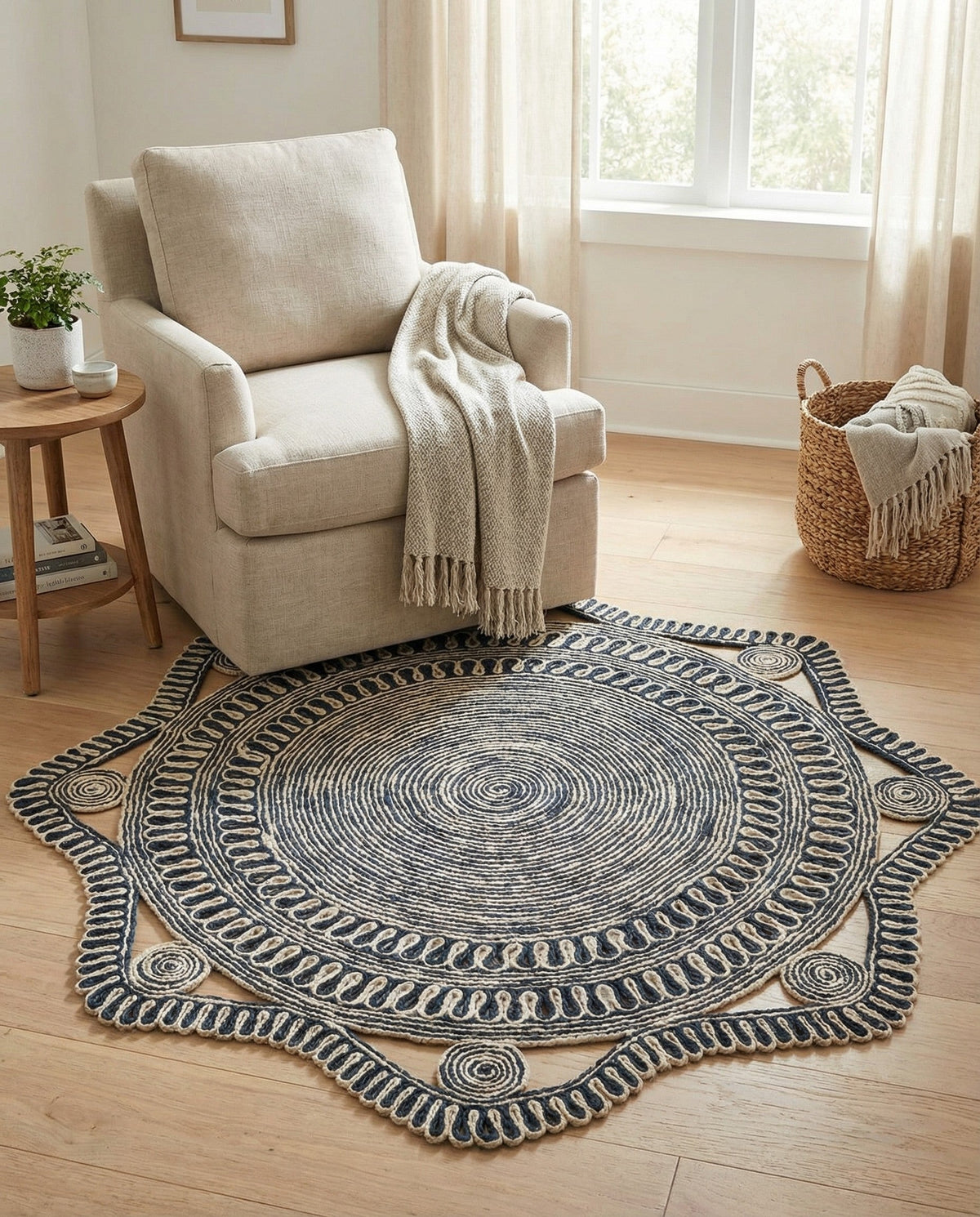 Woven Seaside Jute Collection Area Rug - Nantucket Round Navy and White  lifestyle 23