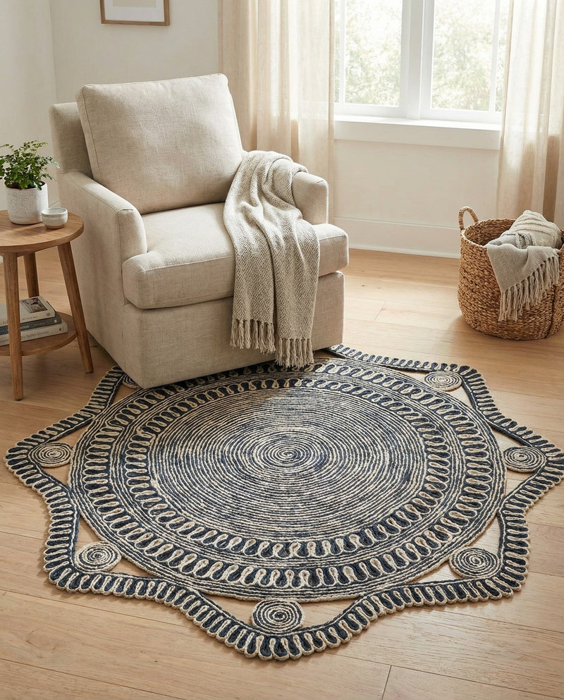 Woven Seaside Jute Collection Area Rug - Nantucket Round Navy and White  lifestyle 23