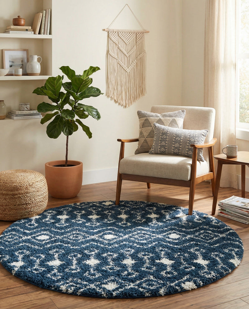 Berber Lattice Shag Collection Area Rug - Atlas (Navy Blue) Round Navy Blue  lifestyle 33