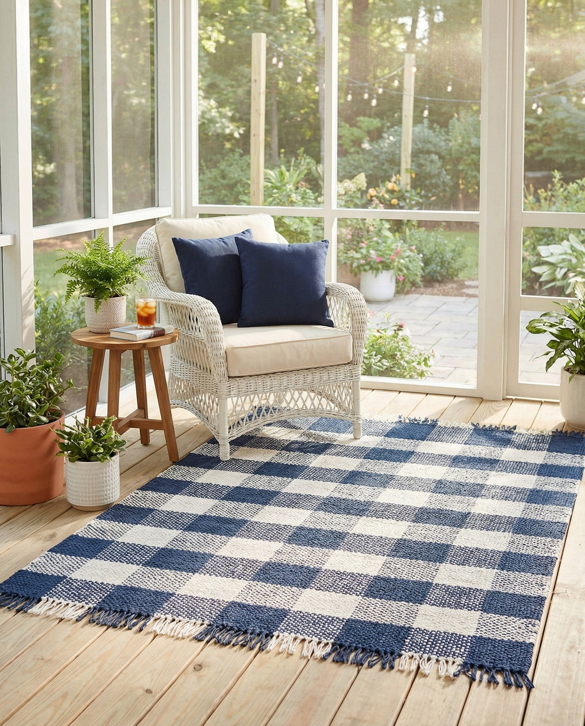 Sustainable Grid Indoor-Outdoor Oasis Collection Area Rug - Savannah Rectangle Navy Blue  lifestyle 39
