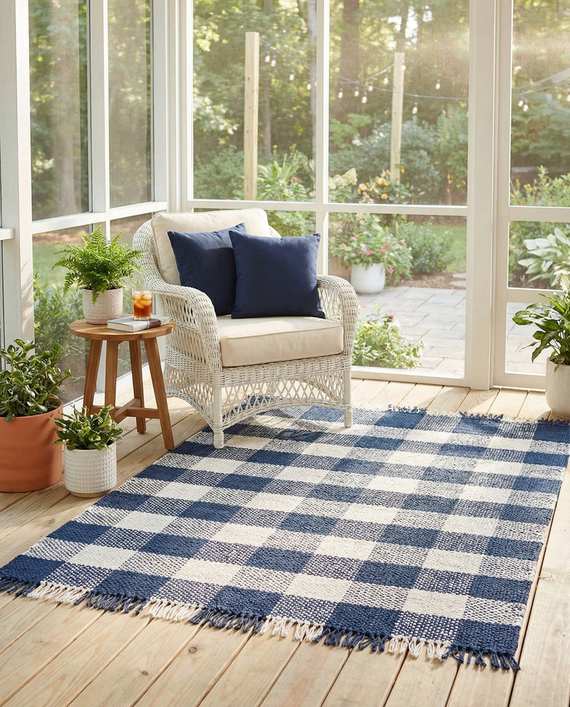 Sustainable Grid Indoor-Outdoor Oasis Collection Area Rug - Savannah Rectangle Navy Blue  lifestyle 39