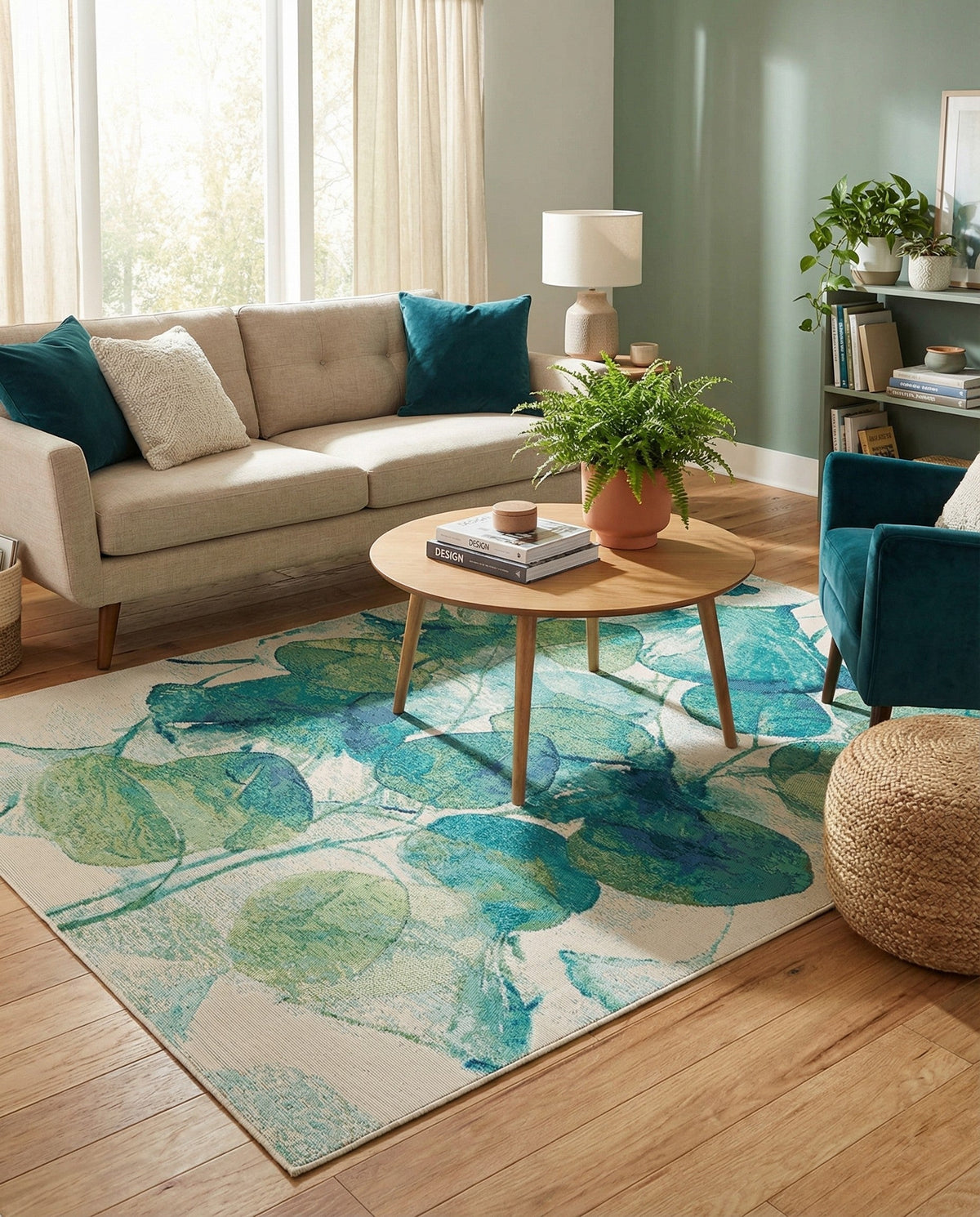 Seaside Blooms Collection Area Rug -  Flora Rectangle Blue Green  lifestyle 28